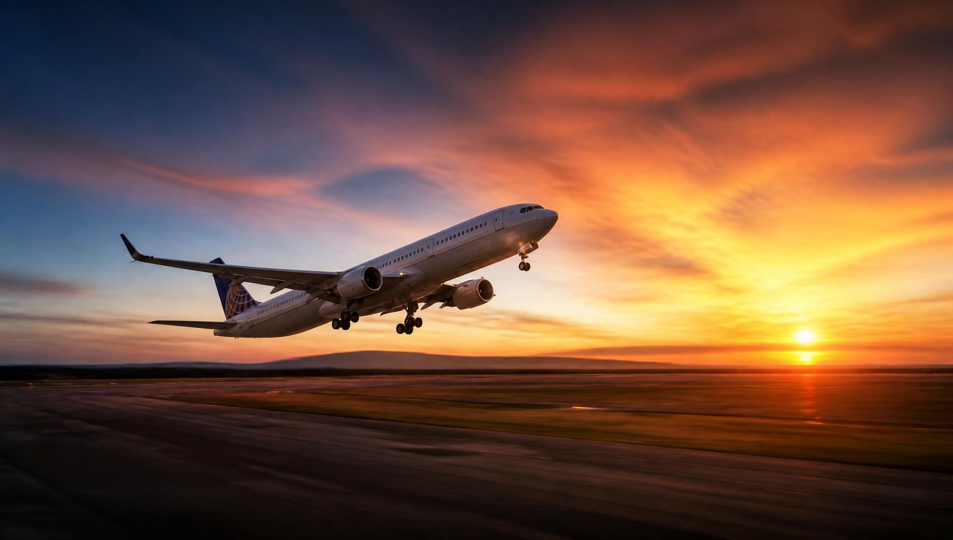 Passenger aircraft taking off at golden hour